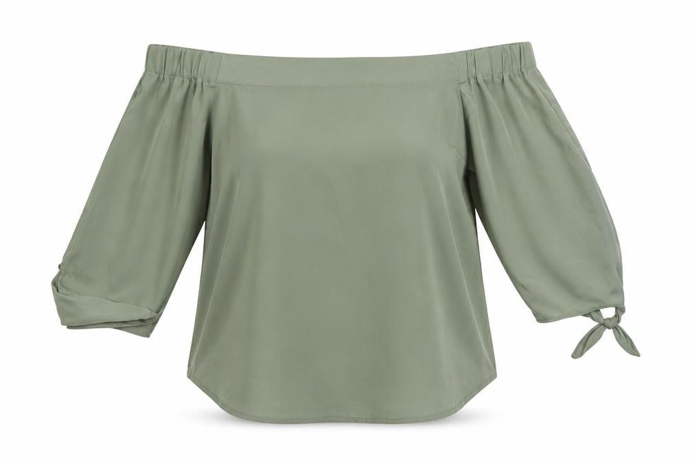 Warehouse Womens Green Polyester Basic Blouse Size 10 Off the Shoulder