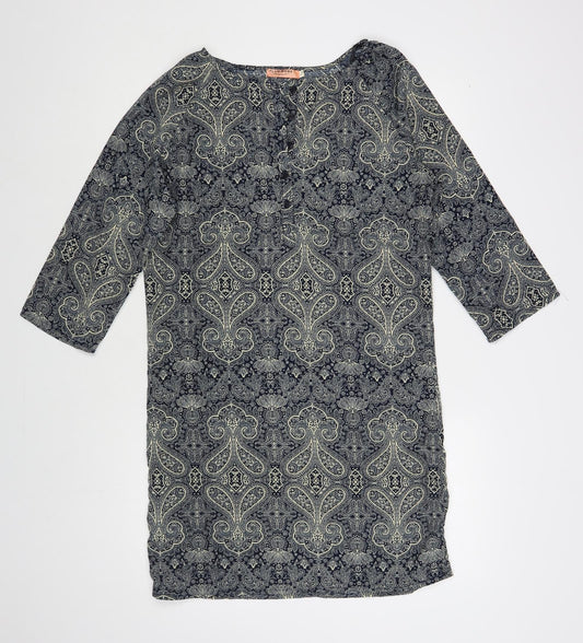 Flammode Womens Blue Paisley Cotton Shift Size S Boat Neck Button