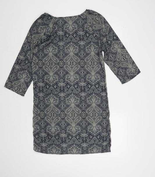 Flammode Womens Blue Paisley Cotton Shift Size S Boat Neck Button