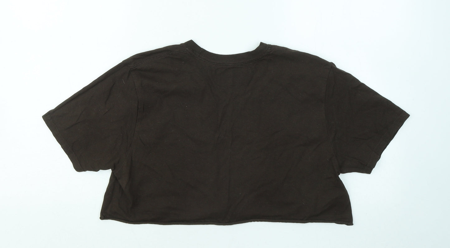PRETTYLITTLETHING Womens Brown Cotton Cropped T-Shirt Size S Round Neck
