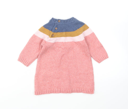 Marks and Spencer Girls Multicoloured Colourblock Cotton Jumper Dress Size 3-6 Months Round Neck Button