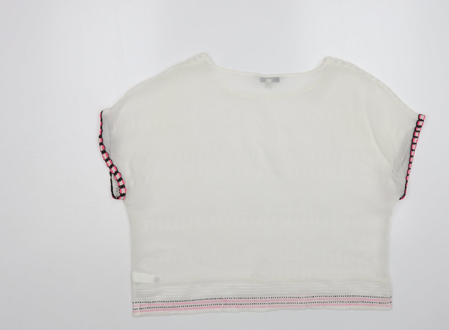 NEXT Womens White Geometric Polyester Cropped Blouse Size 12 Boat Neck