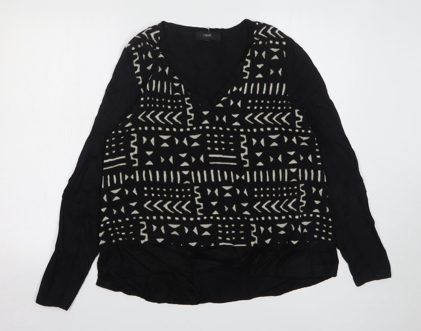 NEXT Womens Black V-Neck Geometric Cotton Pullover Jumper Size 12