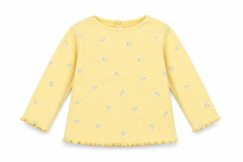 Primark Girls Yellow Floral Cotton Basic T-Shirt Size 9-12 Months Round Neck Button - Scalloped trims