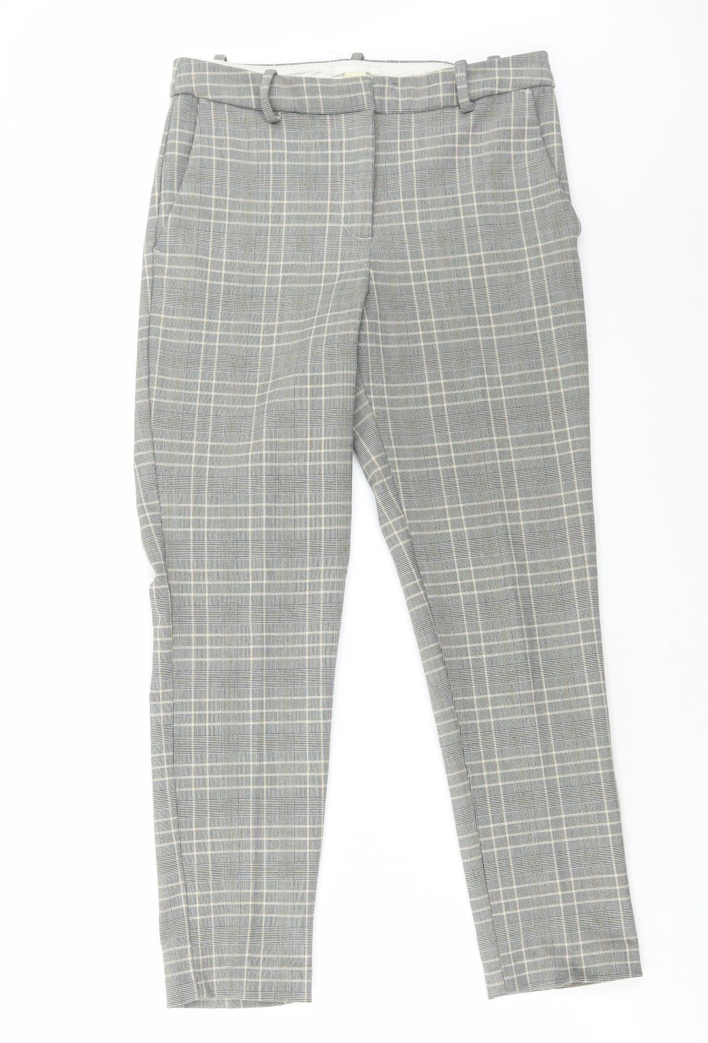H&M Womens Grey Check Polyester Trousers Size 10 L27 in Regular Hook & Loop