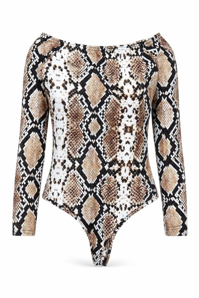 PRETTYLITTLETHING Womens Brown Animal Print Polyester Bodysuit One-Piece Size 8 Snap - Snake Skin Print