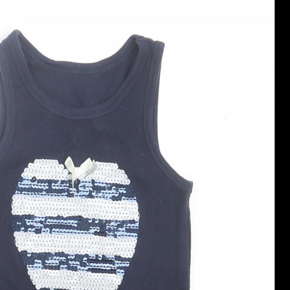 Dunnes Stores Girls Blue Striped Cotton Basic Tank Size 4 Years Crew Neck Pullover - Heart