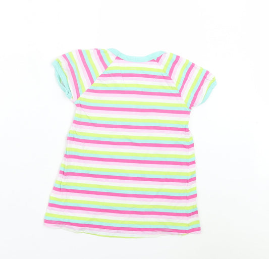 Indigo Girls Multicoloured Striped Cotton Basic T-Shirt Size 6-7 Years Crew Neck Pullover - Pink, White, Green, & Blue