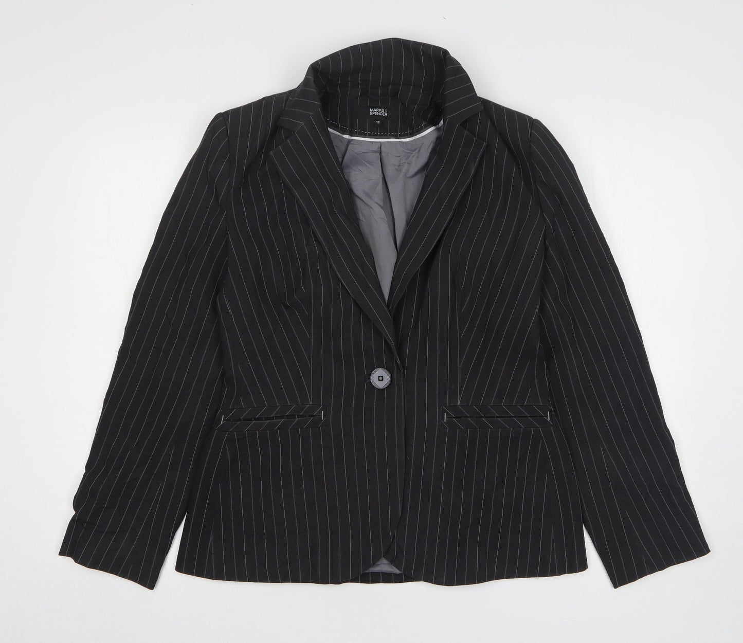Marks and Spencer Womens Grey Striped Polyester Jacket Suit Jacket Size 12