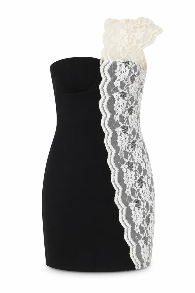 Goddova Womens Black Polyester Pencil Dress Size M One Shoulder Zip - Lace Detailing