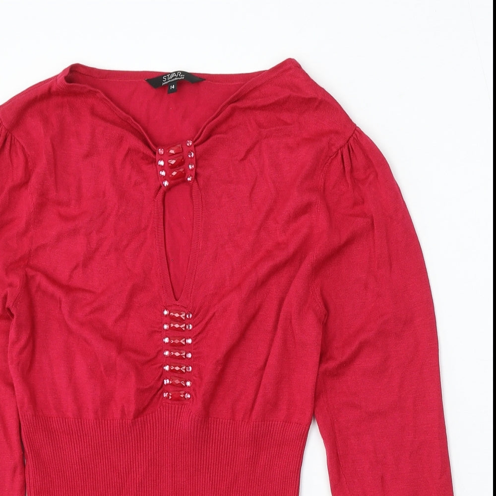 Debenhams Womens Red Round Neck Viscose Pullover Jumper Size 14