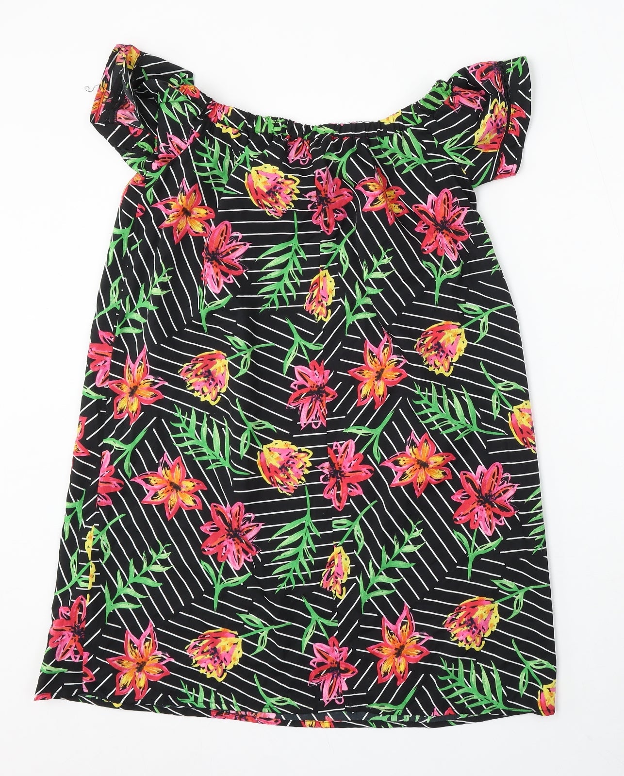Primark Womens Black Floral Polyester Sheath Size 8 Boat Neck Pullover