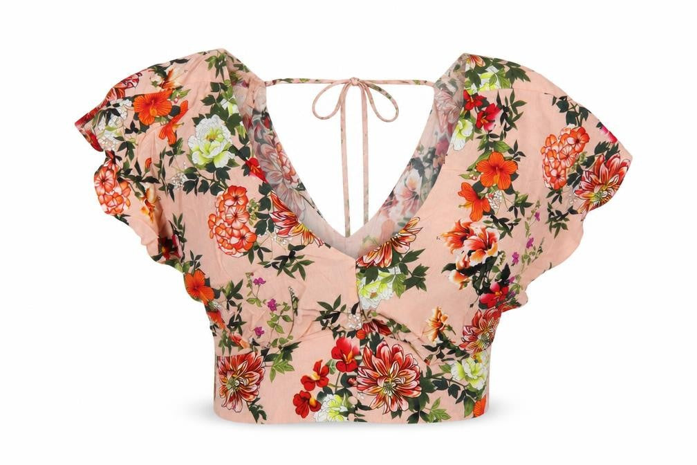 Dotti Womens Pink Floral Viscose Cropped Blouse Size 12 V-Neck