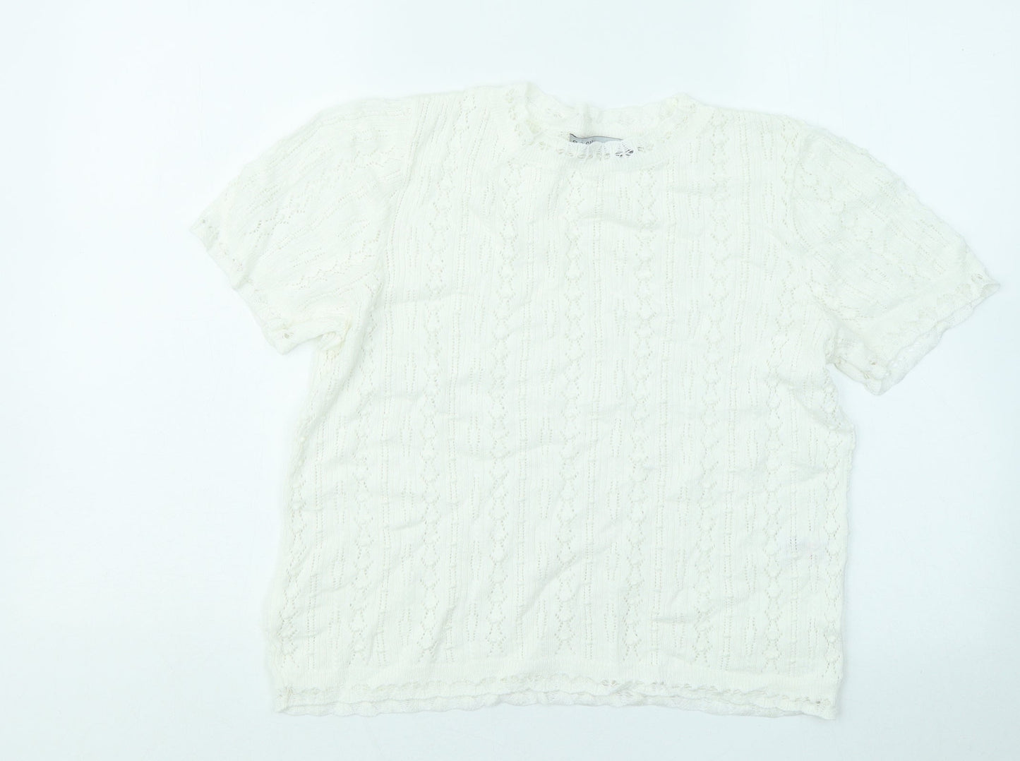 Oasis Womens White Geometric Cotton Basic T-Shirt Size M Round Neck