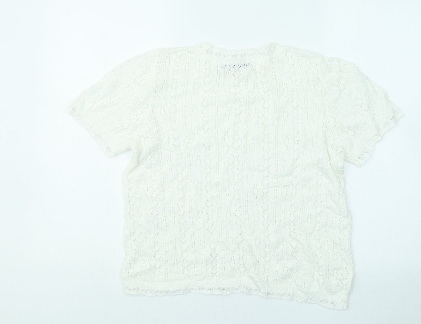 Oasis Womens White Geometric Cotton Basic T-Shirt Size M Round Neck