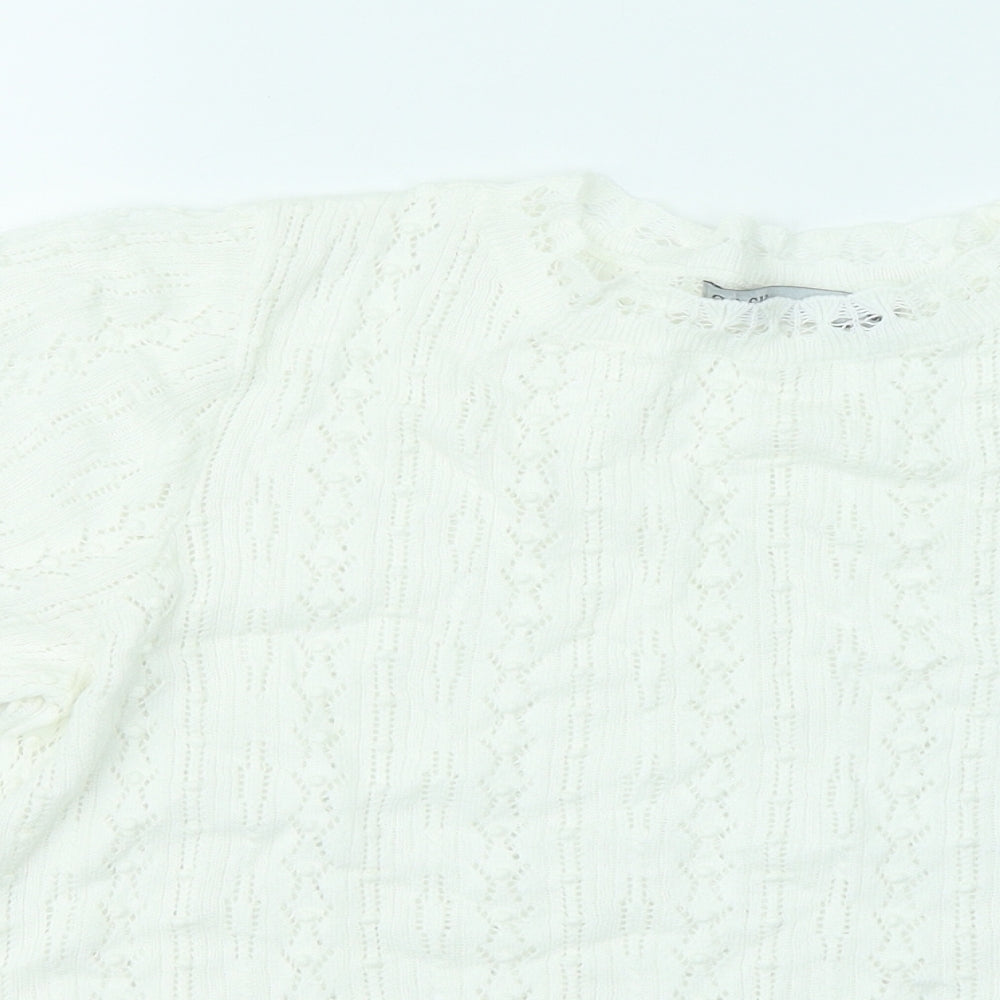 Oasis Womens White Geometric Cotton Basic T-Shirt Size M Round Neck