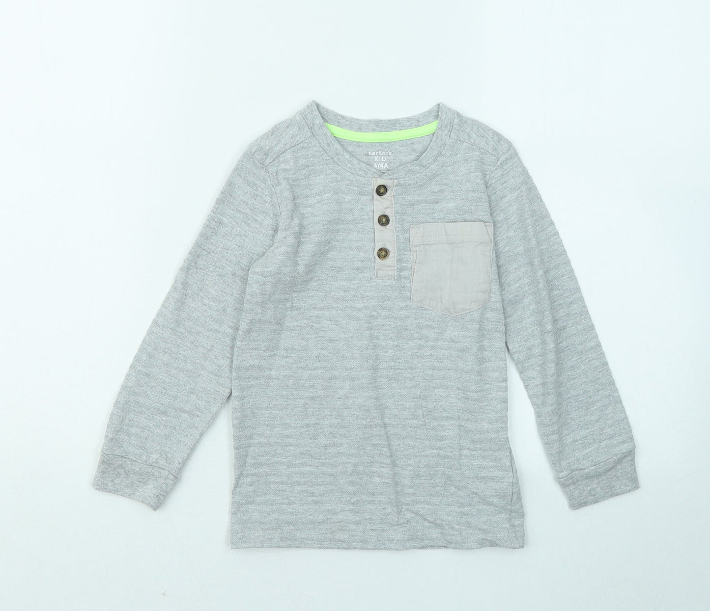 Carter's Boys Grey Cotton Basic T-Shirt Size 4 Years Round Neck Button