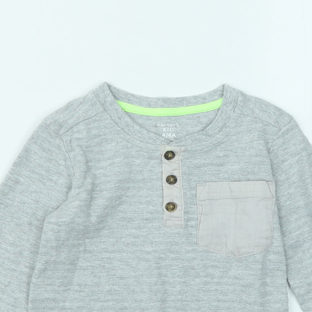 Carter's Boys Grey Cotton Basic T-Shirt Size 4 Years Round Neck Button