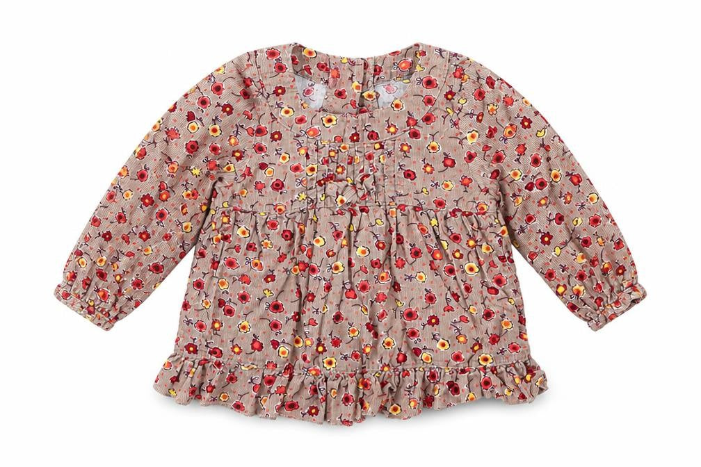 Marks and Spencer Girls Brown Floral Cotton Shift Size 6-9 Months Round Neck Button