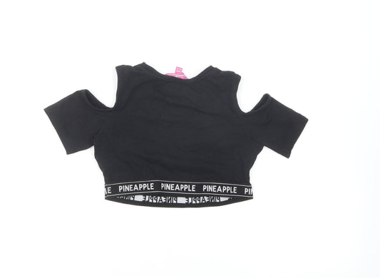 Pineapple Girls Black Cotton Cropped T-Shirt Size 8-9 Years Round Neck Pullover - Cold Shoulder