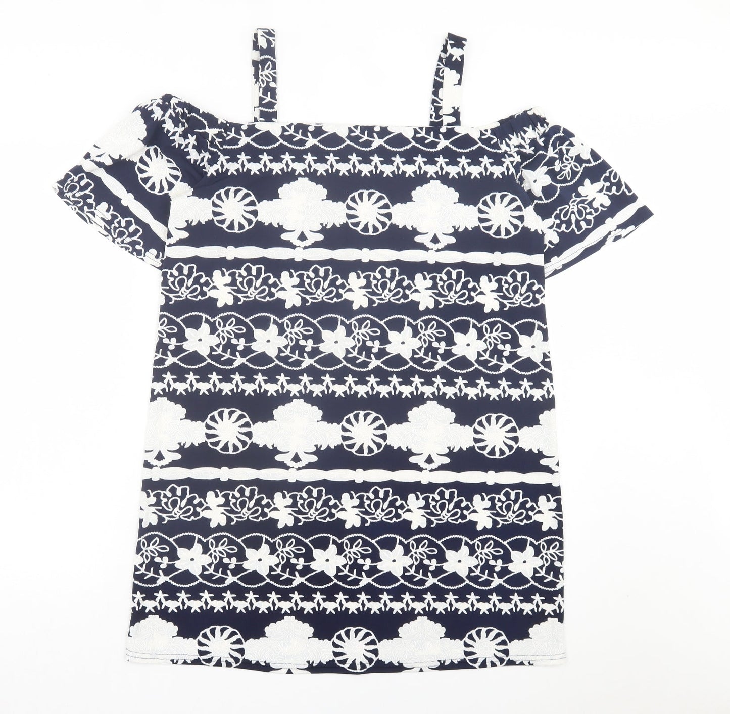 Quiz Womens Blue Floral Polyester A-Line Size M Square Neck Pullover - Cold Shoulder