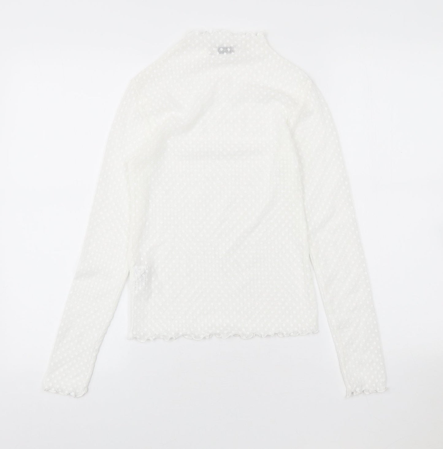 Stradivarius Womens White Polka Dot Polyester Basic T-Shirt Size S High Neck - Scalloped Edging