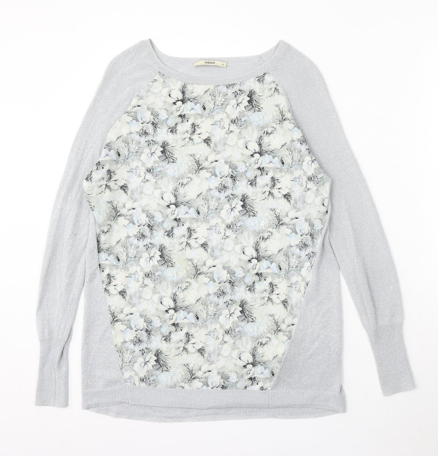 Oasis Womens Silver Round Neck Floral Viscose Pullover Jumper Size XS