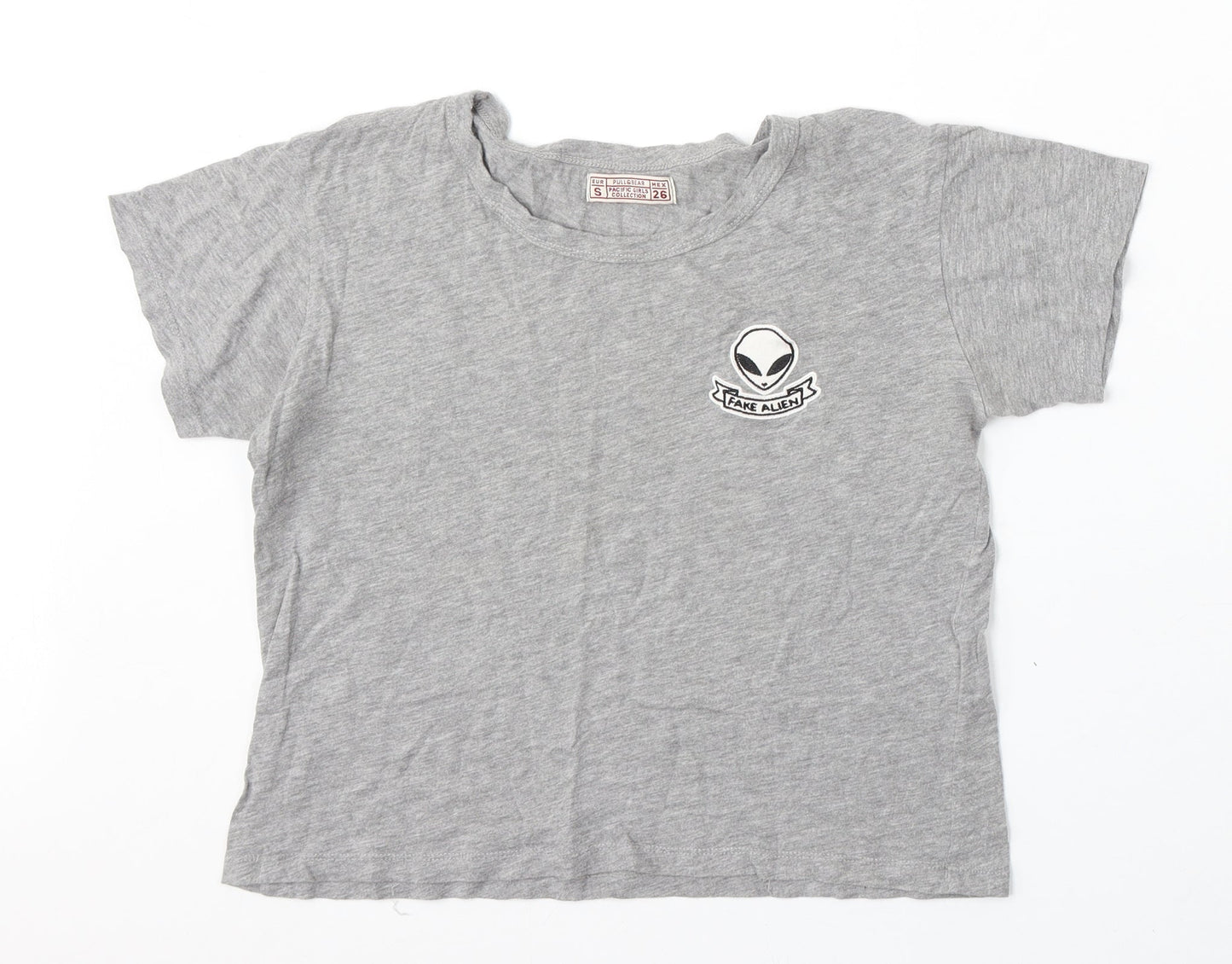 Pull&Bear Womens Grey Cotton Basic T-Shirt Size S Round Neck - Fake Alien