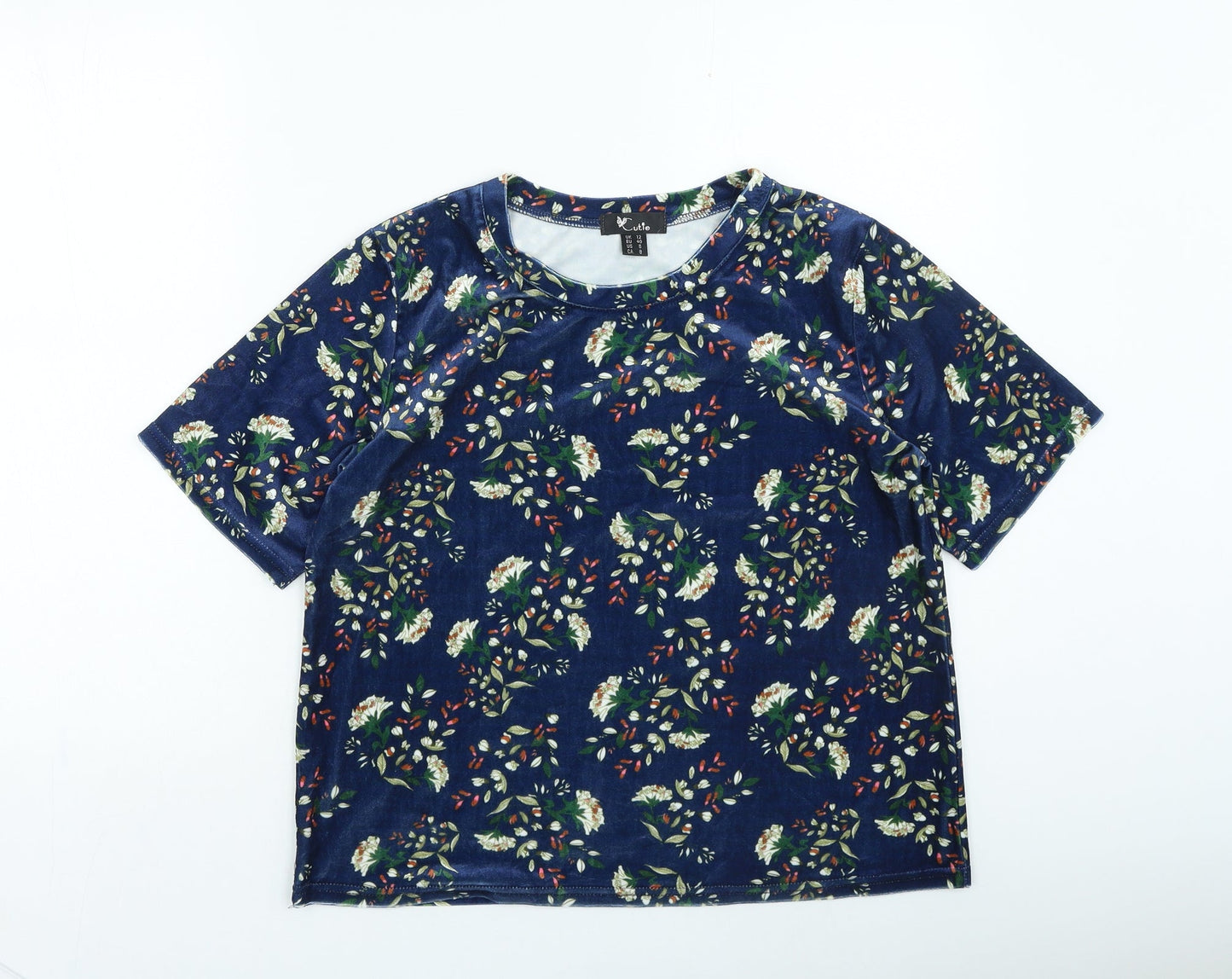 Cutie Womens Blue Floral Polyester Basic T-Shirt Size 12 Round Neck