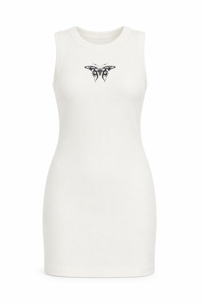 Divided by H&M Womens Ivory Cotton Tank Dress Size M Round Neck Pullover - Butterfly