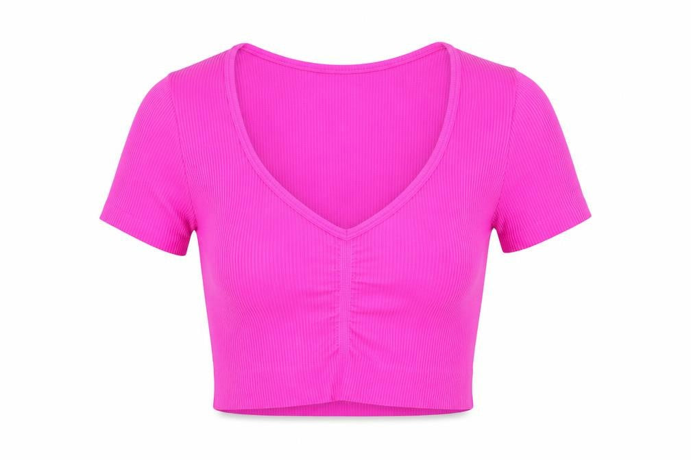 Preworn Womens Pink Polyester Cropped T-Shirt Size XS V-Neck - Ribbed