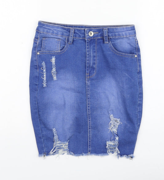 Mybestiny Womens Blue Cotton Straight & Pencil Skirt Size S Button - Distressed