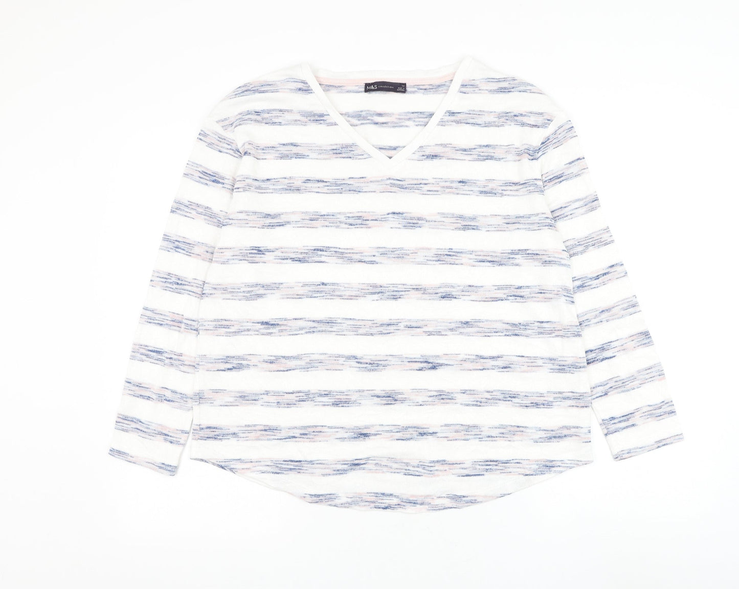 Marks and Spencer Womens White V-Neck Striped Viscose Pullover Jumper Size 14