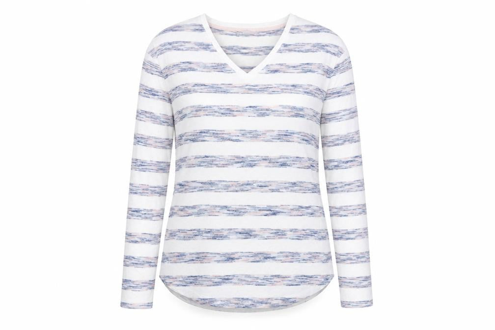 Marks and Spencer Womens White V-Neck Striped Viscose Pullover Jumper Size 14