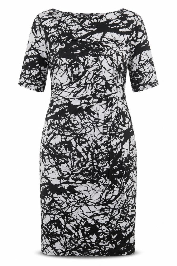 Marks and Spencer Womens Black Geometric Polyester Pencil Dress Size 12 Crew Neck Pullover - Twist Front