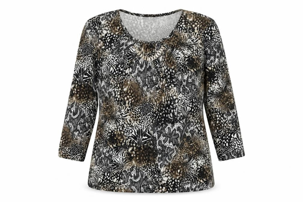Annabelle Womens Black Floral Polyester Basic T-Shirt Size 16 Round Neck - Gold Neck Detail