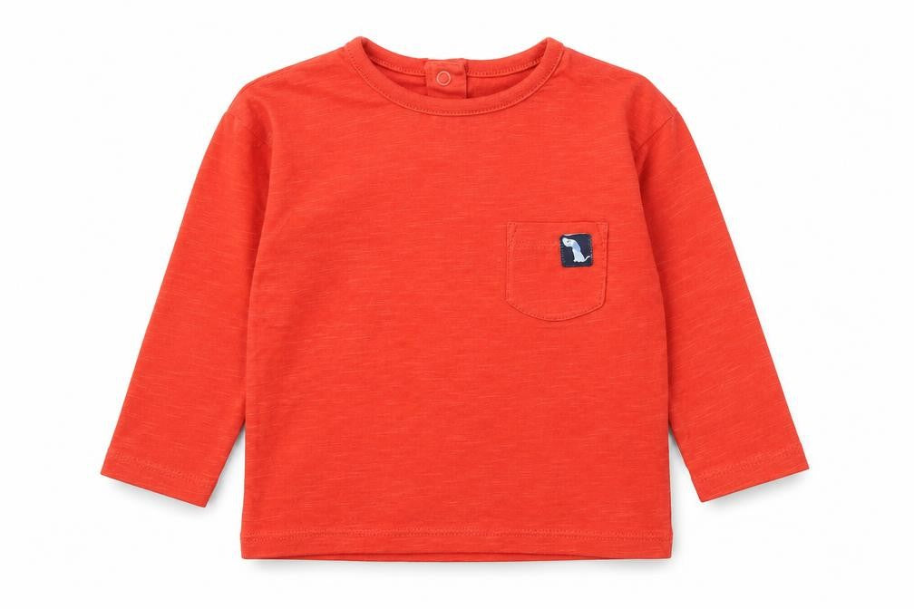 Dunnes Boys Red Cotton Basic T-Shirt Size 6-9 Months Round Neck Snap - Dog Pocket Detail