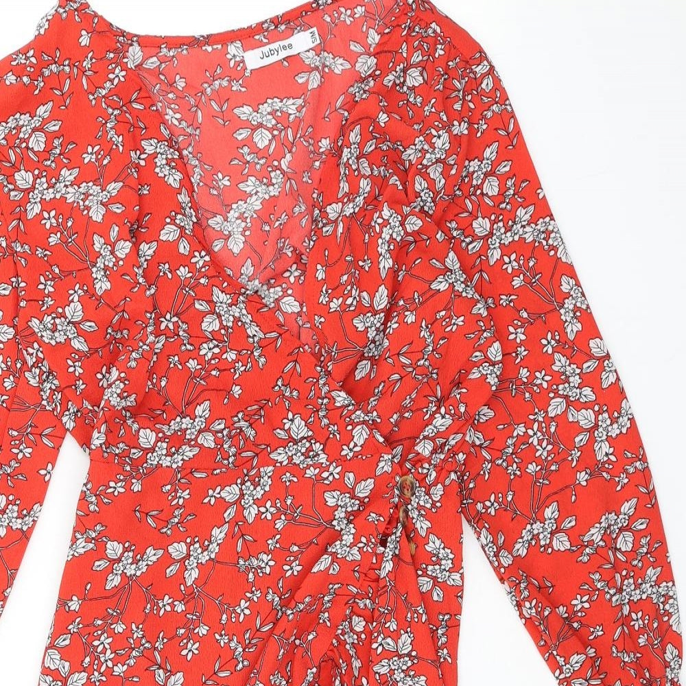 Jubylee Womens Red Floral Polyester Wrap Dress Size S V-Neck Pullover - Poet Sleeve