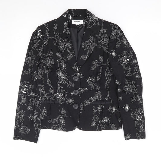 Vogue Womens Black Floral Viscose Jacket Blazer Size 10 - Embroidered