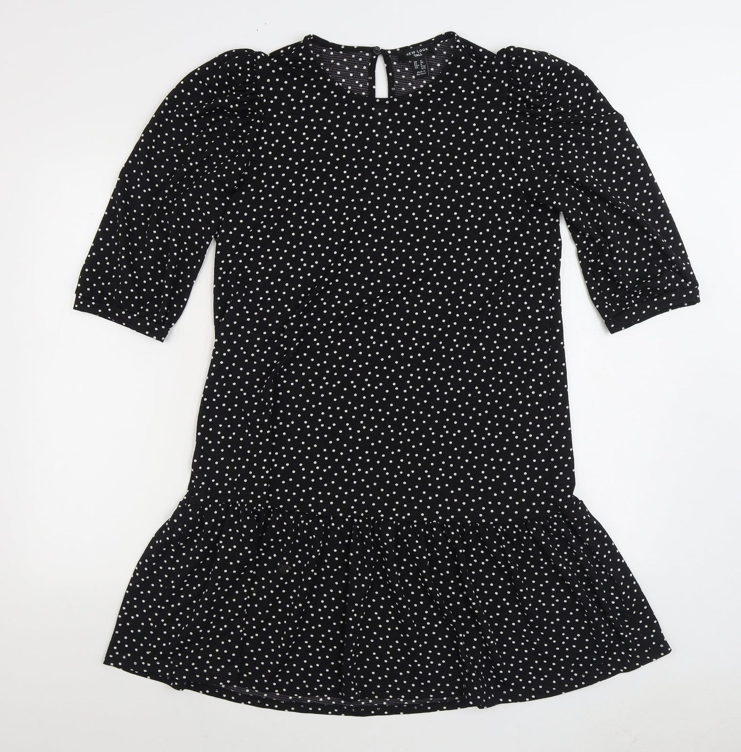 New Look Womens Black Polka Dot Polyester Fit & Flare Size 12 Round Neck Button
