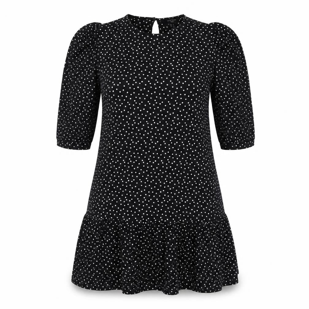 New Look Womens Black Polka Dot Polyester Fit & Flare Size 12 Round Neck Button