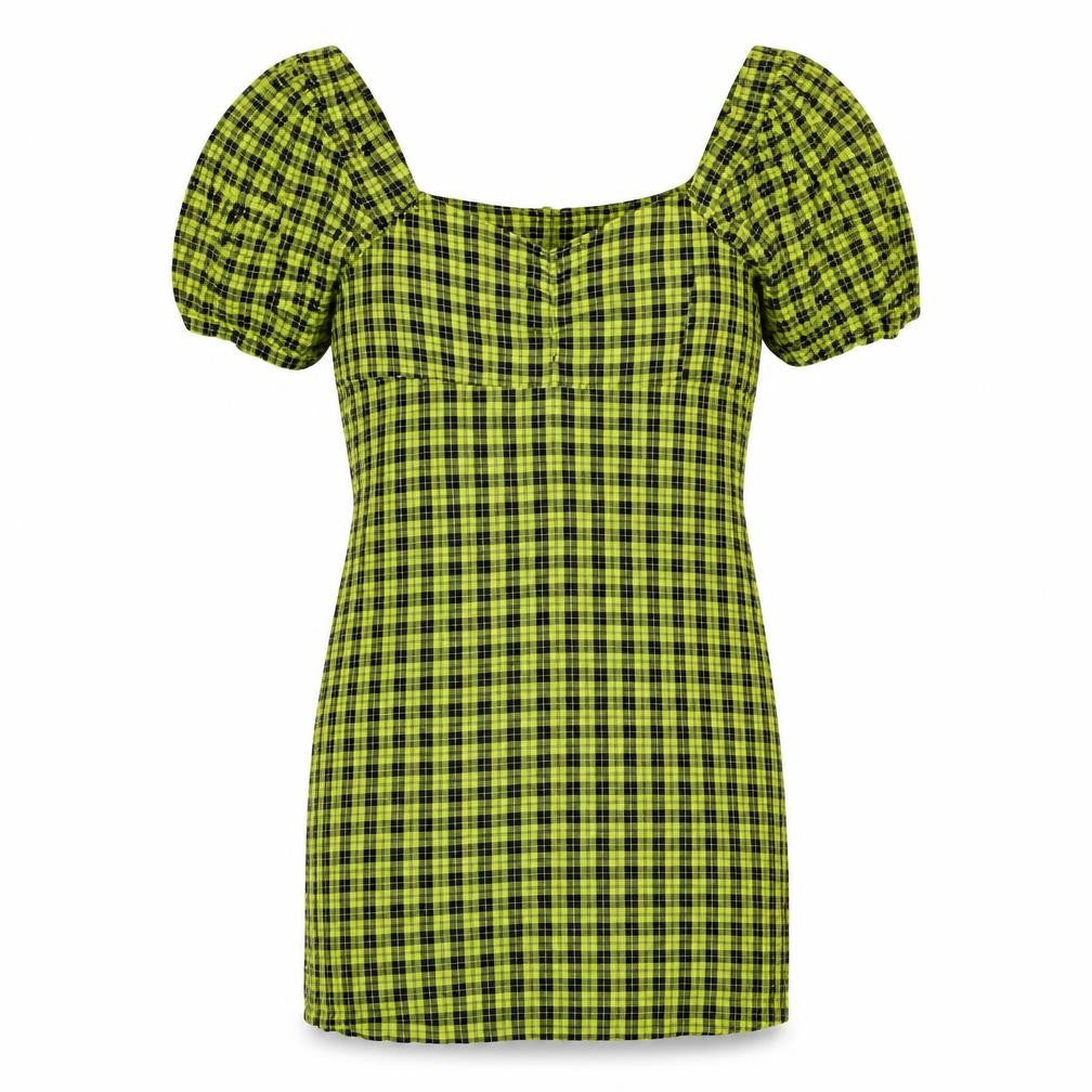 Noisy may Womens Yellow Plaid Cotton Bodycon Size L Sweetheart Zip