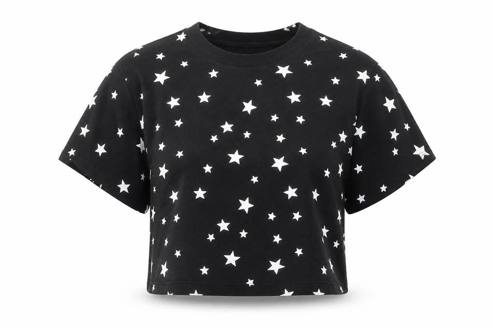 Primark Girls Black Geometric Cotton Cropped T-Shirt Size 2XS Round Neck Pullover - Star Print