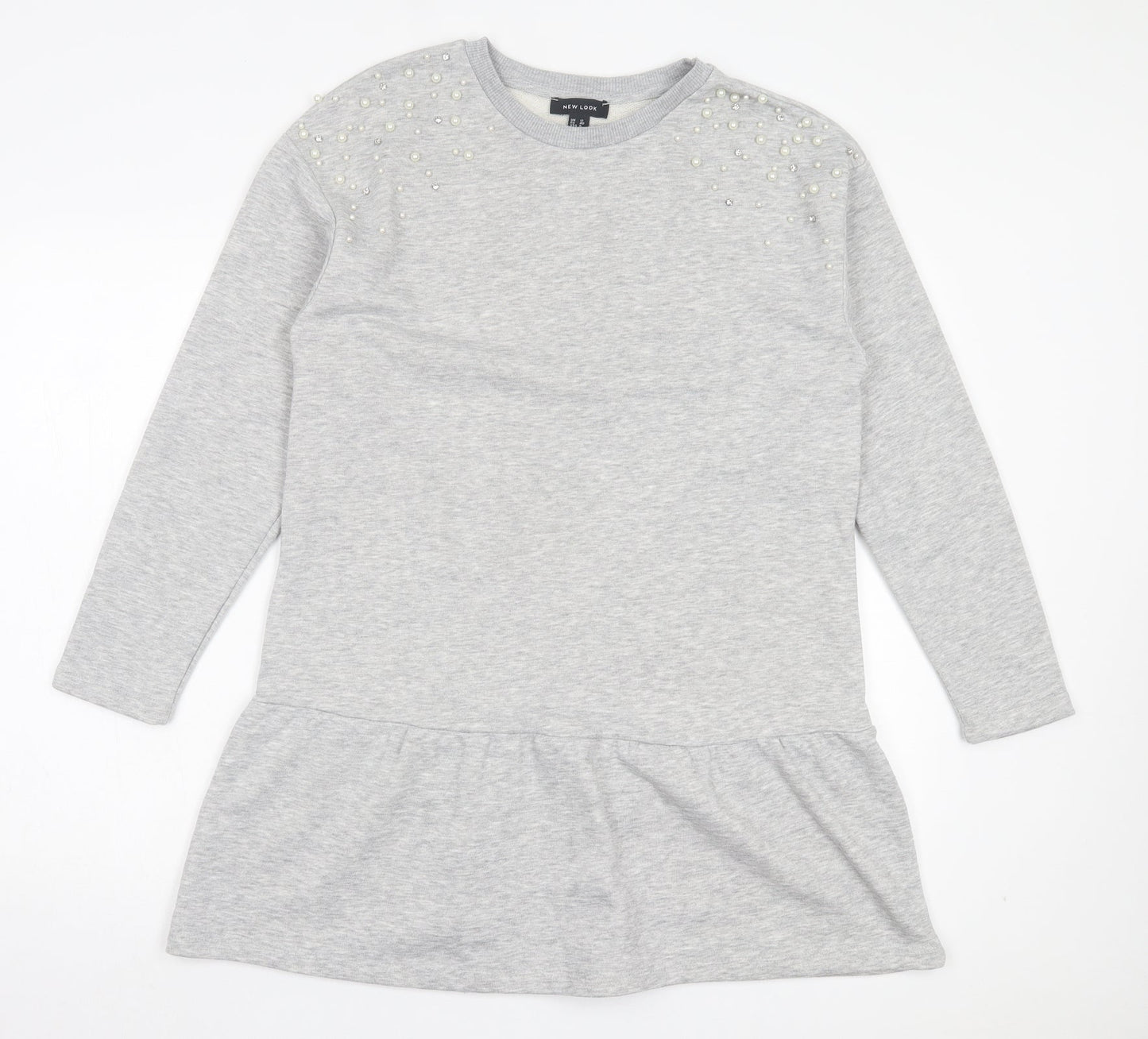 New Look Womens Grey Cotton Jumper Dress Size 12 Crew Neck Pullover