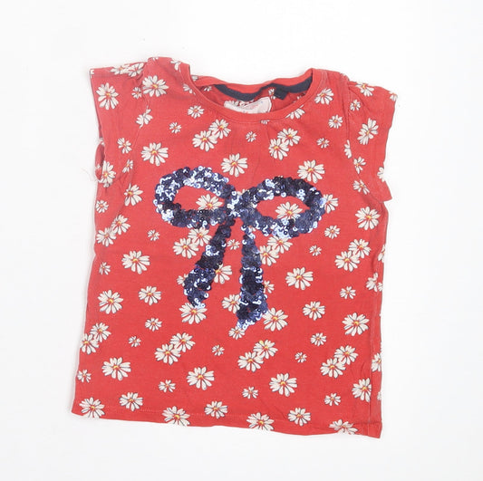 NEXT Girls Red Floral Cotton Basic T-Shirt Size 4 Years Crew Neck Pullover