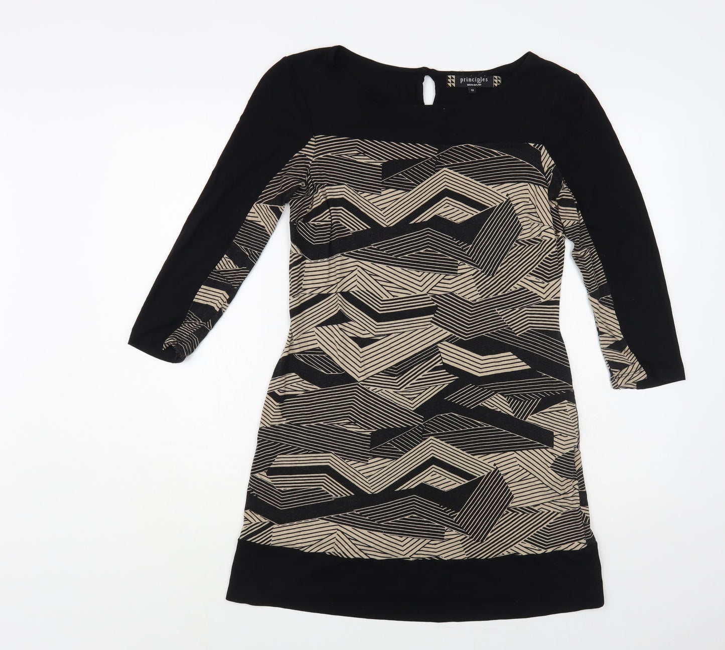 Principles Womens Black Geometric Viscose A-Line Size 12 Boat Neck Button