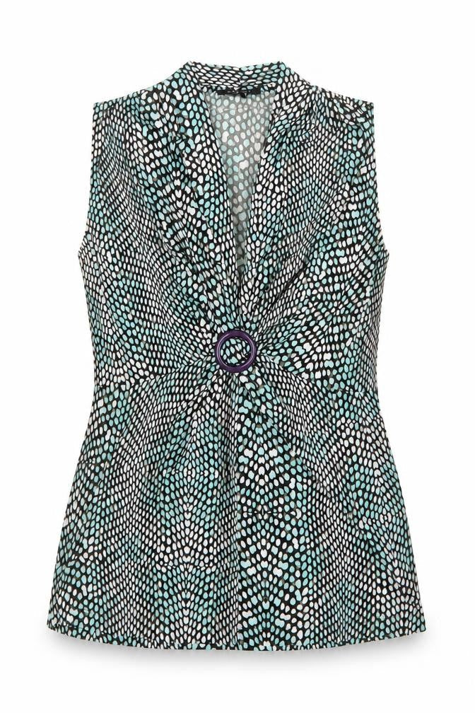 Olsen Womens Green Geometric Polyamide Basic Button-Up Size 10 V-Neck