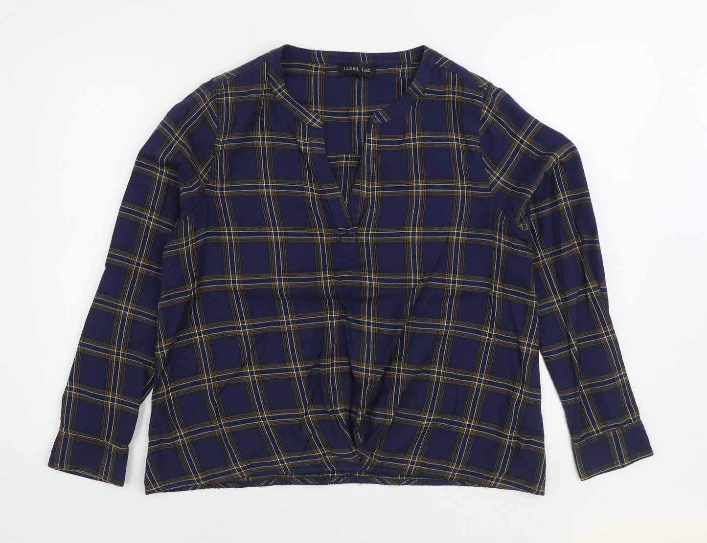 Label Lab Womens Blue Plaid 100% Cotton Basic Blouse Size 12 V-Neck