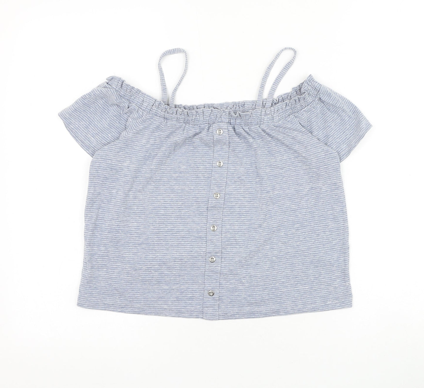 NEXT Girls Blue Striped Polyester Basic Blouse Size 11 Years Off the Shoulder Pullover