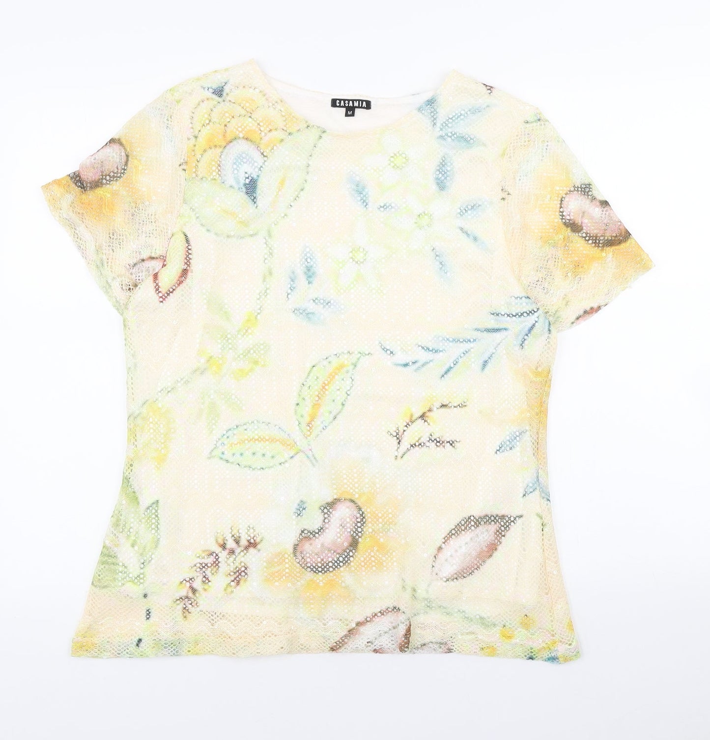 Casamia Womens Multicoloured Floral Polyester Basic T-Shirt Size M Round Neck